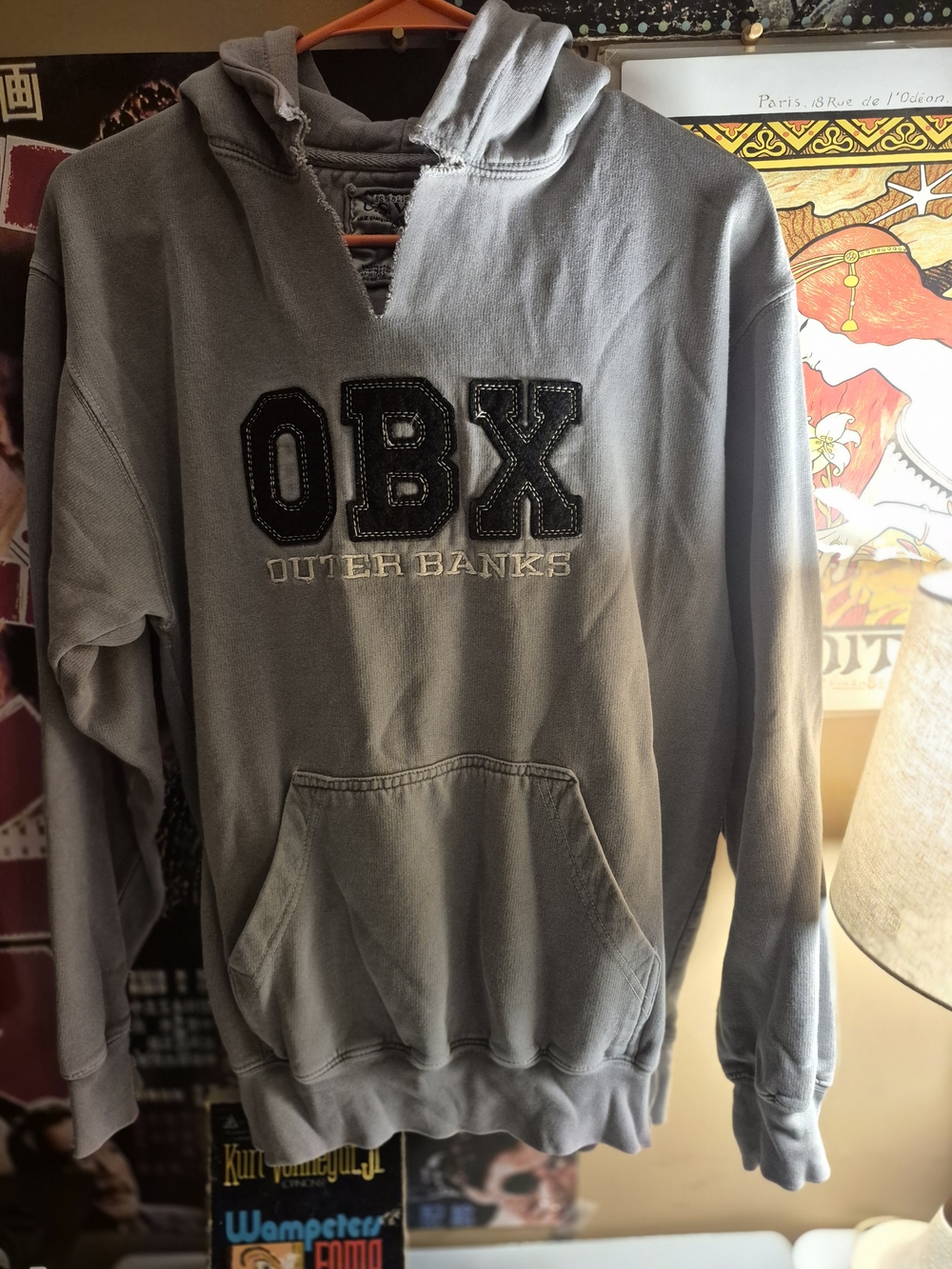Vintage OBX Gray Hooded Sweatshirt with Embroidered Lettering